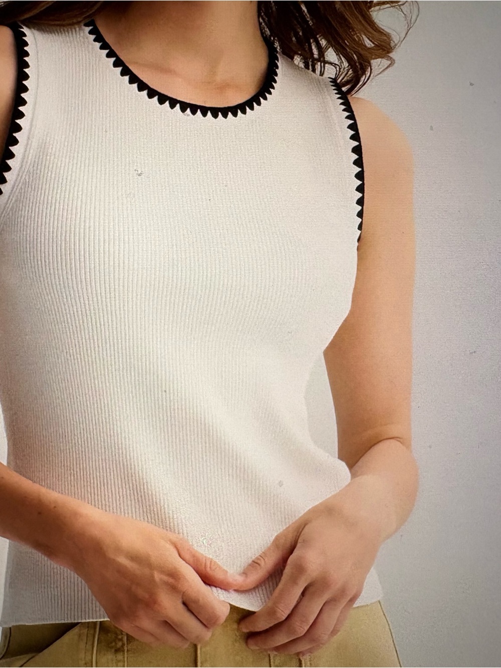 Draper James White Ribbed Tank with Black Scallop Trim